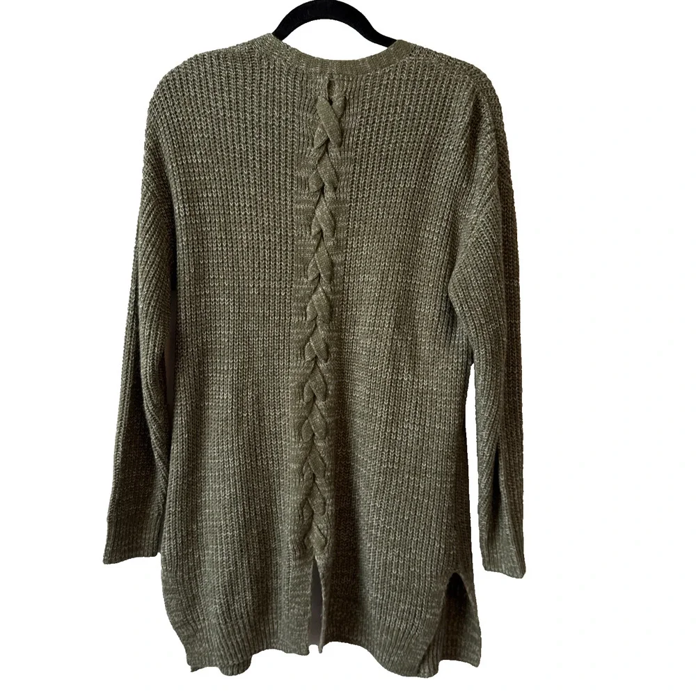 Love Ellie Women's M Boho Lace Up Back Open Front Knit Cardigan Comfy Fall Olive